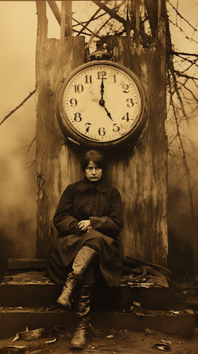 Vintage woman in old clothes with clock head on railway
