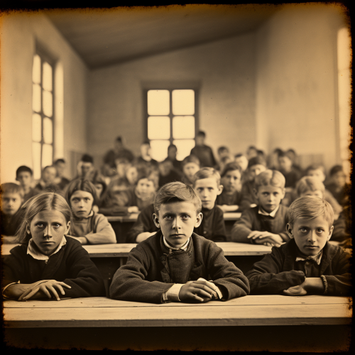 Children in 1885's classroom looking back