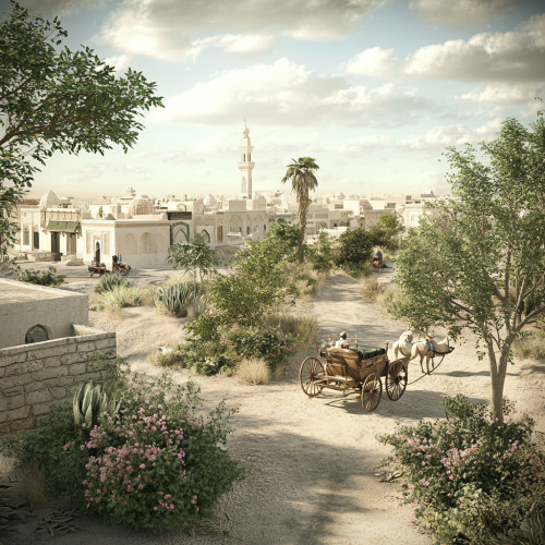 1900s Abu Dhabi city with horse carriages and camel.