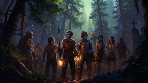 Close-up shot of diverse D&D adventuring party in fantasy forest