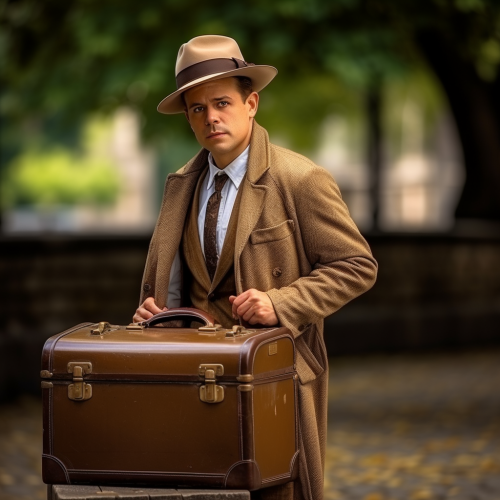 Man collecting vintage suitcase in 1930s style