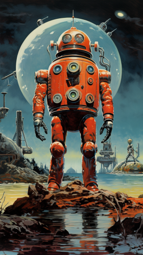Futuristic 1940s Sci-Fi Magazine Style Space Robot