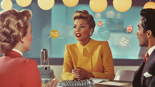 1950s Office Discussion: Diverse Group with Futuristic Touch