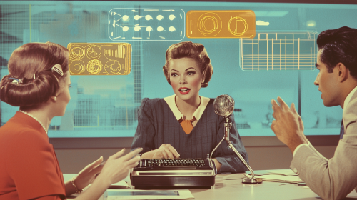 1950s Retro-Futuristic Office Discussion Between Diverse Colleagues
