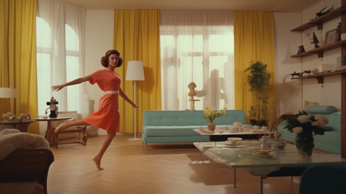 Woman dancing in 1960s living room
