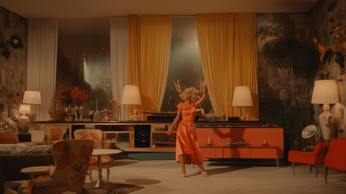 Dancing woman in 1960s living room
