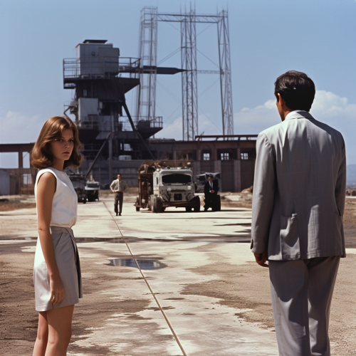 Vintage Film Scene with Muted Colors and Industrial Landscape