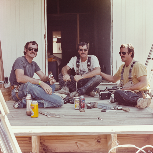 1975 men working on deck project in desert city