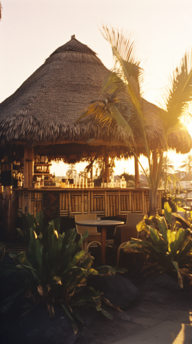 Stylized 1980s Beach House Outdoor Tiki Bar