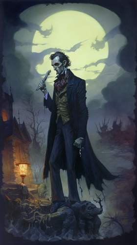 Dark fantasy book illustration in Frazette-Art style featuring Abe Lincoln as a vampire slayer