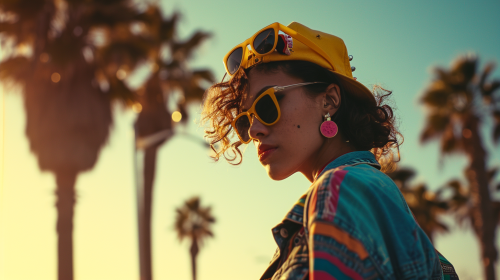 Skater girl in vibrant 1980s street scene Skater girl in vibrant 1980s street scene
