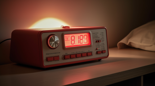 1990s digital clock radio with red numbers, cozy atmosphere. 1990s digital clock radio with red numbers, cozy atmosphere.