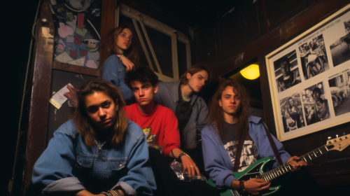 Young People Hanging Out in Dark Basement with Posters and Grunge