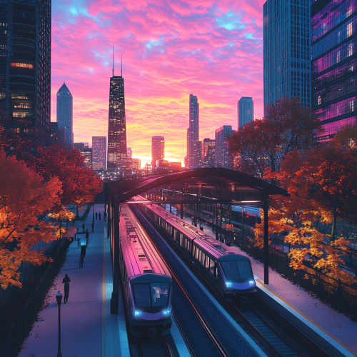 2024 Chicago Cityscape: Realistic 3D Render Sunset