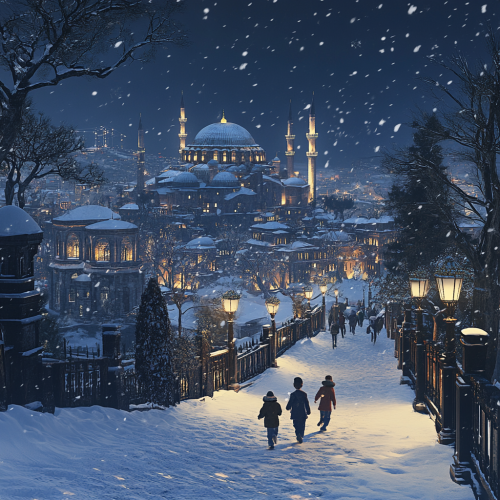 2024 Istanbul Winter Night: Children Running in Old City