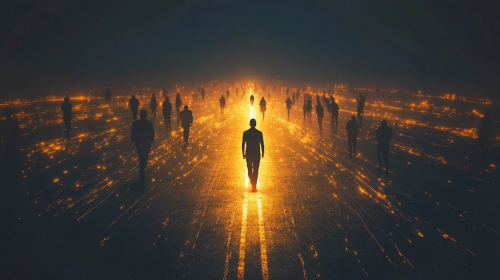 Person walking towards success lights Person walking towards success lights