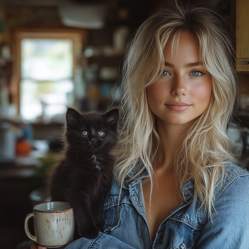 26-year-old blond woman in salon with kitten and tea.