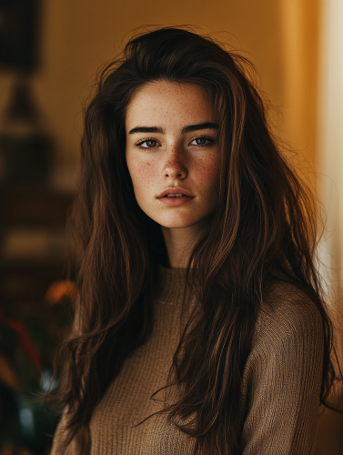 28-Year-Old Woman Gazing Softly at Camera Indoors