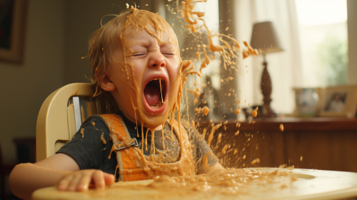 3-year-old boy slurping mash in high chair