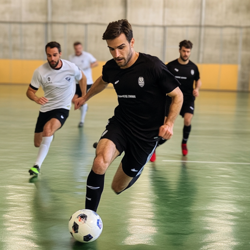 30-year-old men playing indoor soccer on synthetic grass.