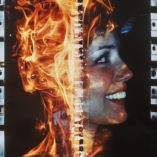 35mm film strip, burning man, smiling women, photorealistic portrait, film grain, kodak stock.