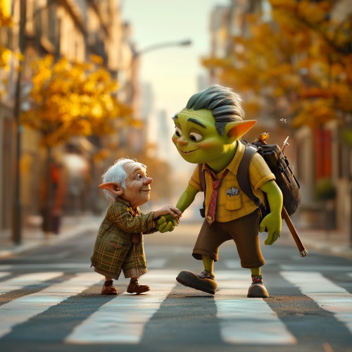 3D Pixar green orc boy scout helping elderly, funny texture 3D Pixar green orc boy scout helping elderly, funny texture