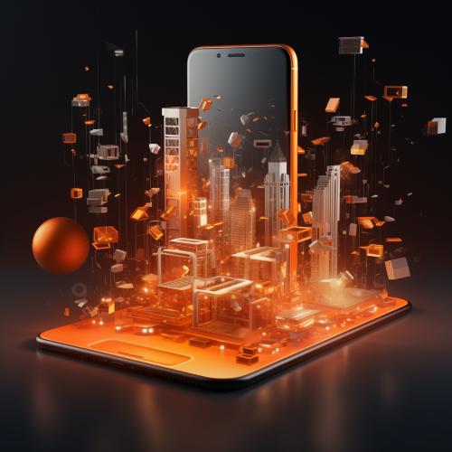 3D Smartphone Perspective with Orange Lights and Shapes