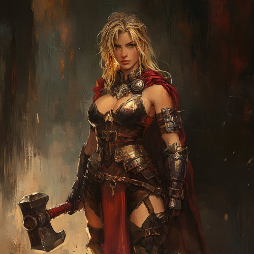 40-year-old female dwarf war cleric, worshipping Freya, holding warhammer