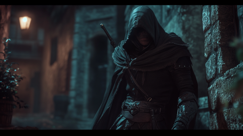 4k dark fantasy action shot of rogue thief.