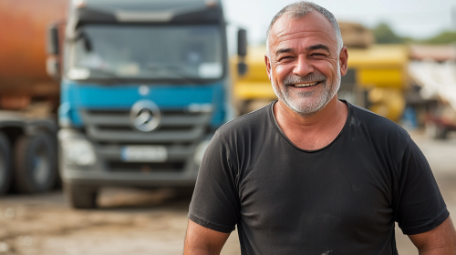50-year-old Brazilian man smiles playing soccer, standing with trucks.