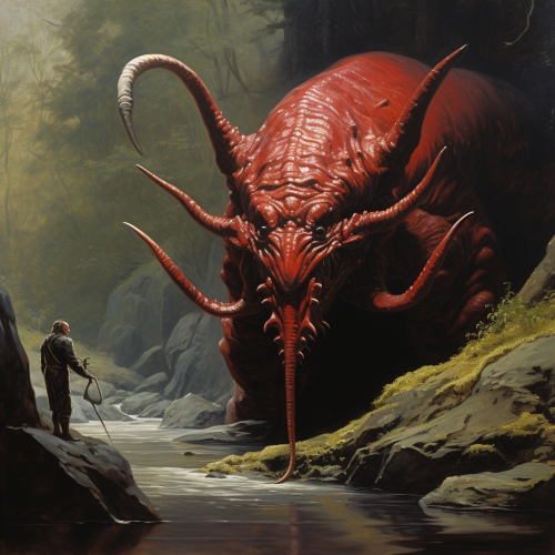 70s Dark Fantasy Painting of Bukavac near River