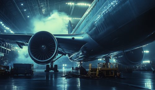 747 airplane testing in hangar with bright lights.