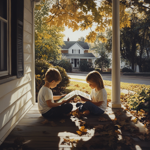 80s Childhood Siblings Reading Outdoors Peaceful Nostalgia