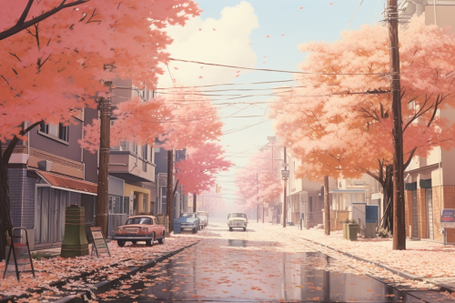 Colorful leaves floating in 80s fall street scene