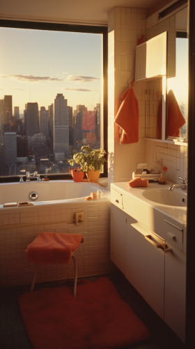 80s NYC apartment bathroom with city view