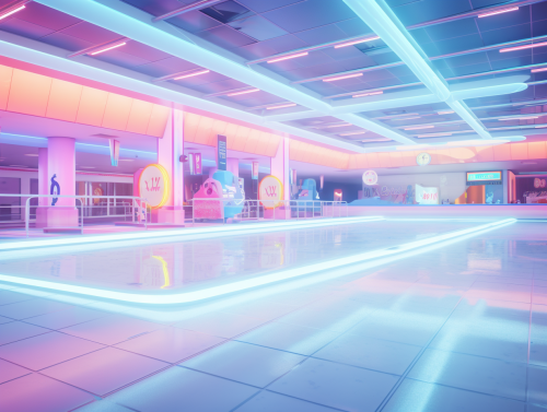 Ice skaters enjoying 80s mall atmosphere