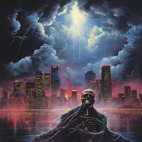 Giant hooded skeleton in cloudy sky