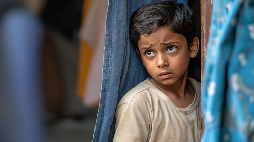 A 13-year-old South Indian boy hides behind someone.