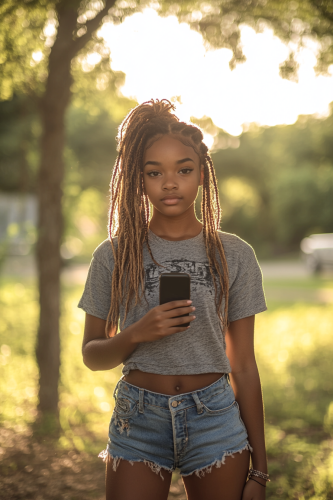 A 16-year-old girl with braids holds phone