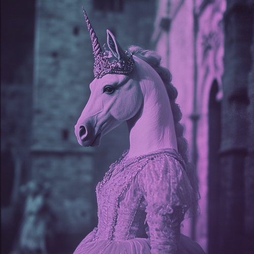 A 1950's Horse-headed Humanoid Outside Fantasy Castle
