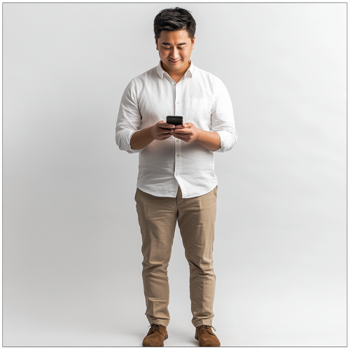 A 30-year-old Asian man smiling at phone