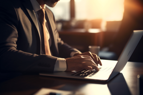 A 35-year-old businessman in an office working