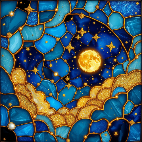 A 3D Celestial Stained Glass Sky with Jewels