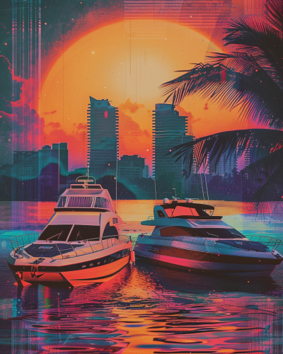 A 80's themed wallpaper with boats and skyline