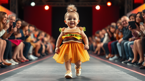 A Baby Modeling Hamburger-Inspired Outfit on Runway