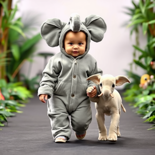 A Baby and Elephant Calf on Jungle Runway