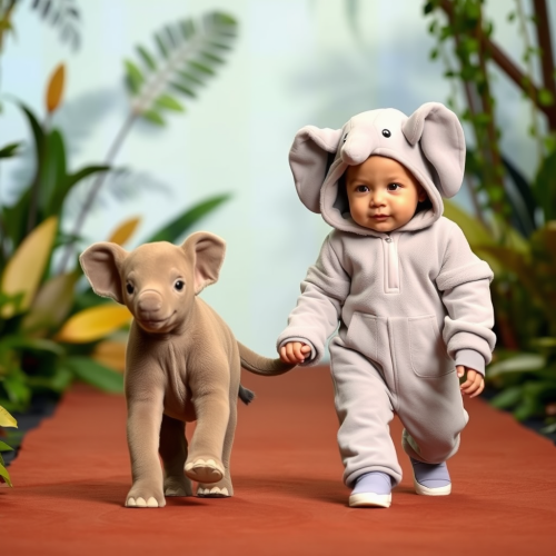 A Baby in Elephant Costume with Calf on Runway