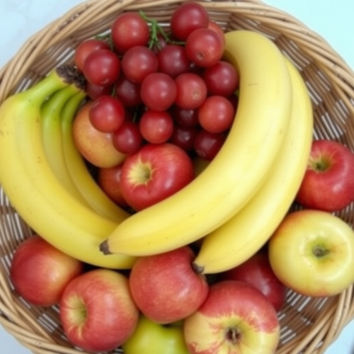 A Basket Filled with Bananas, Grapes, and Apples