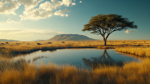 A Beautiful African Savannah Landscape with Small Lake