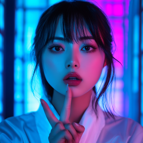 Asian Woman with finger on her lips in a neon room